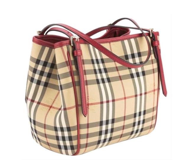 Burberry Horseferry Check Canterbury Red Parade Leather Canvas Tote
