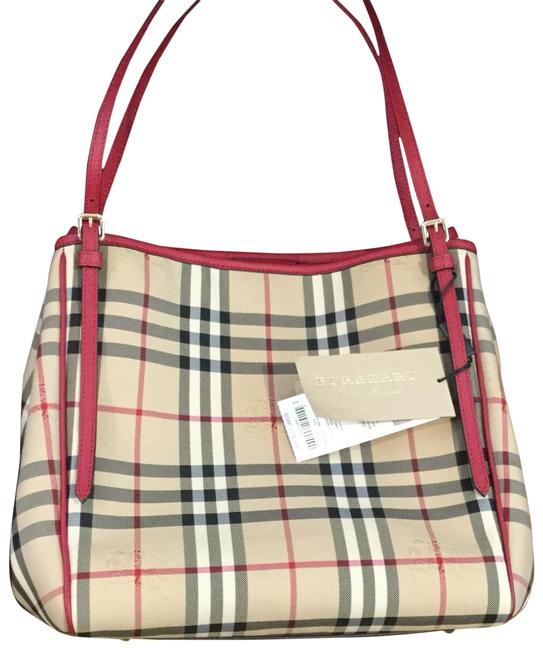 Burberry Horseferry Check Red and Cream Leather Tote