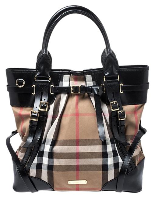 Burberry House Check Bridle Whipstitch Black Leather and Fabric Tote