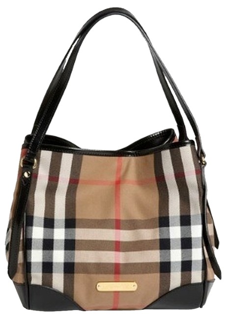 Burberry House Check Plaid Black Fabric Leather Tote