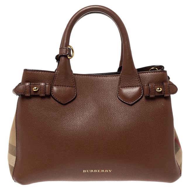 Burberry House Check Small Banner Tan Leather and Fabric Tote