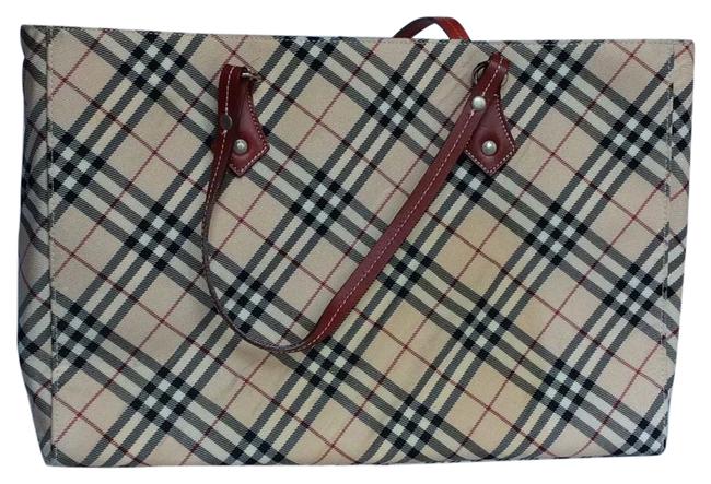 Burberry Label BiegeRed Canvas Tote
