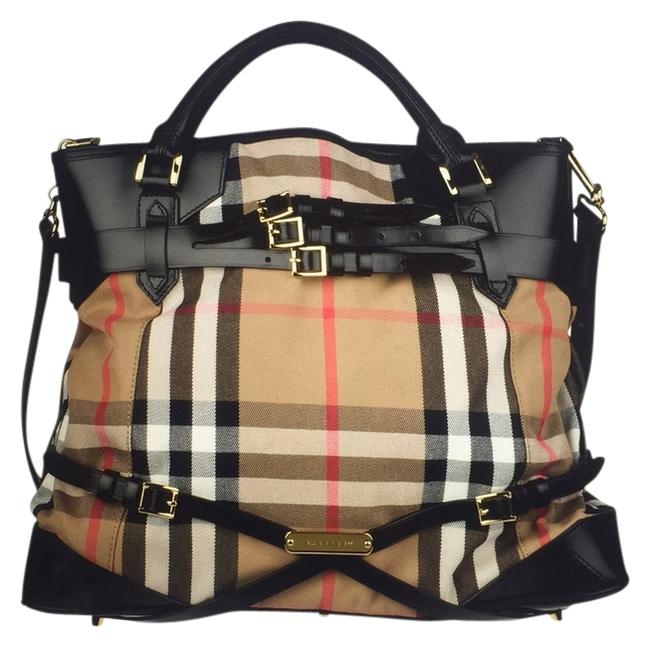 Burberry Bag Large Bridle House Check BlackTan Canvas Fabric Leather Tote