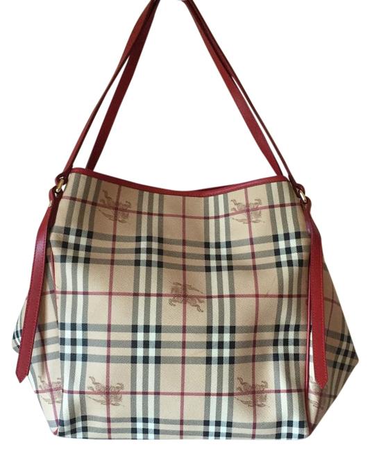 Burberry Large Canter Haymarket Check Tan Leather Polyamide Tote