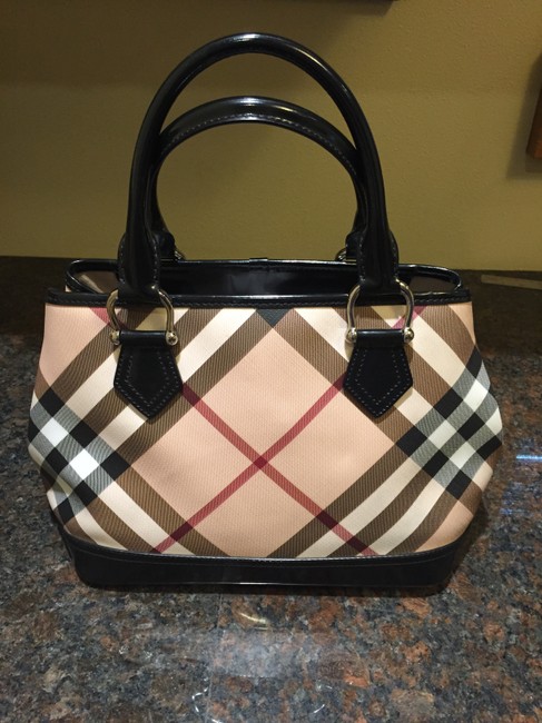 Burberry Large Classic Black Cream Burgundy Patent Leather Vinyl Tote