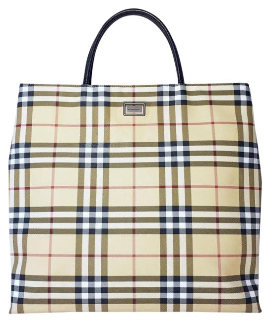 Burberry Large London Nova Check Leather Trim Tan Canvas Tote