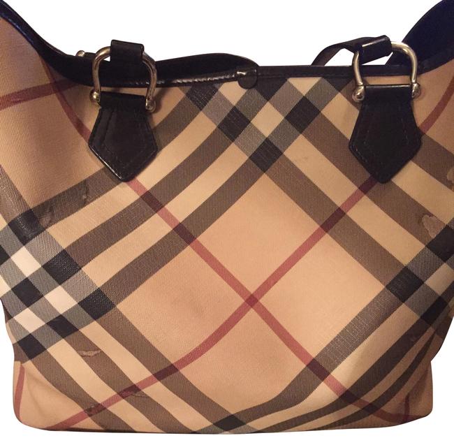 Burberry Large Nova Black and Beige Patent LeatherCoated Canvas Tote