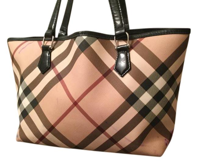 Burberry Large Nova Check Plaid Red TanBlack Coated Canvas Pvc Tote