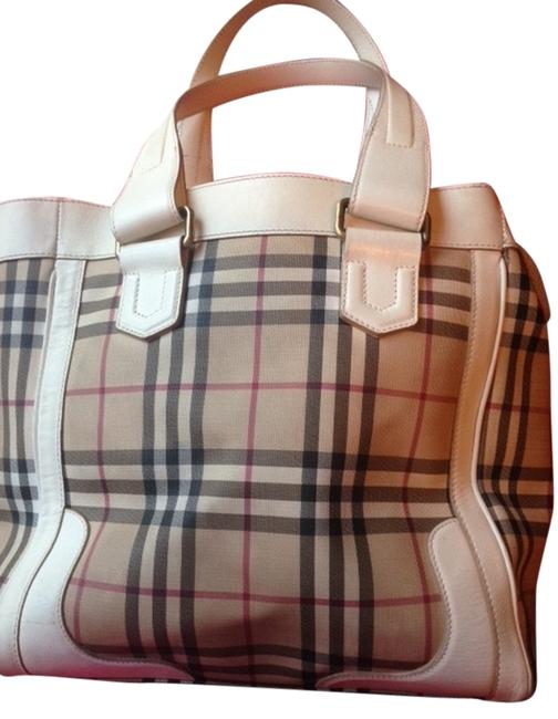 Burberry Large Plaid Print with White Leather Trim Tote
