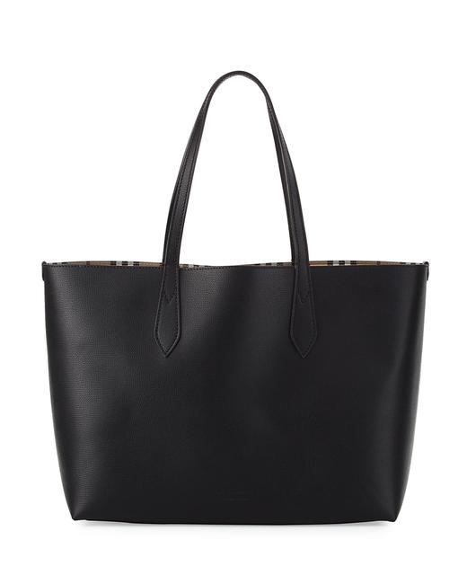 Burberry Lavenby Medium Reversible House Check Black Grained Leather Tote
