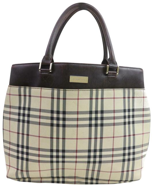 Burberry Light 1110425 TanBrown Check CanvasLeather Tote