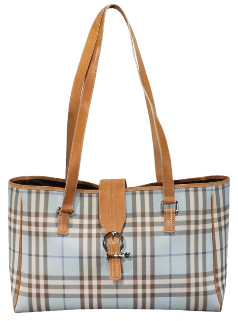 Burberry Light Blue Classic Plaid Print Coated Canvas Leather Tote