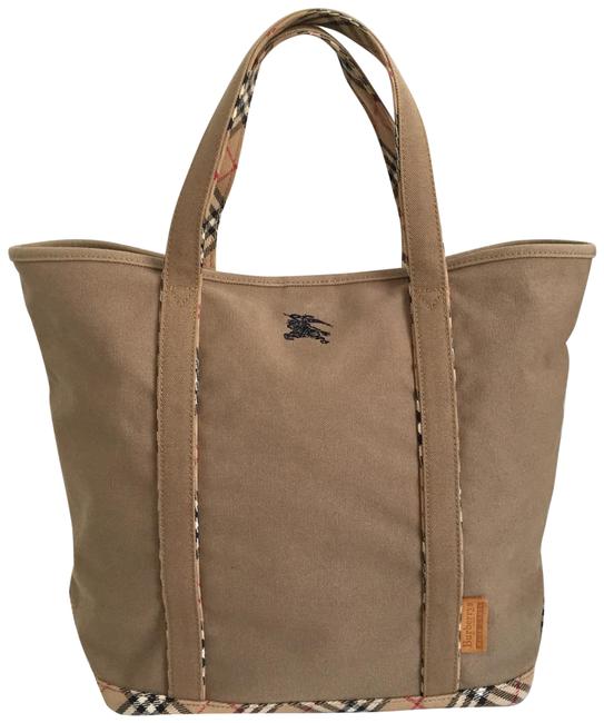 Burberry Logo Check Tan Canvas Tote