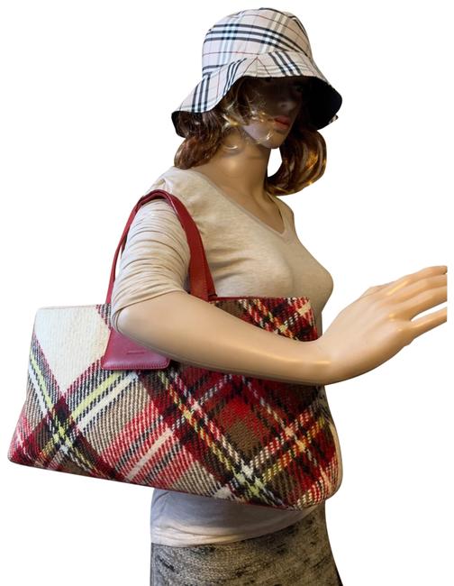 Burberry London Satchel Red Wool Leather Tote