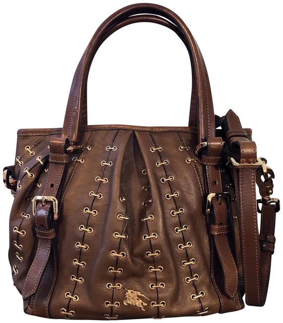 Burberry Lowry Metal Stitch Brown Calfskin Leather Tote