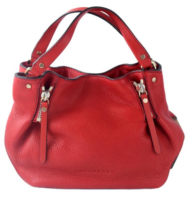 Burberry Madistone Zip Convertible Check Canvas Red Leather Tote