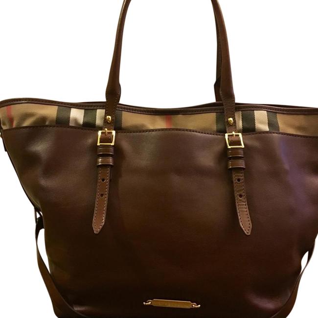 Burberry Md Salisbury BrownHouse Check Trim Lambskin Leather Canvas Tote