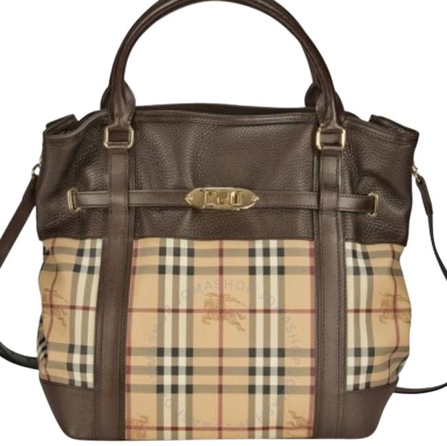 Burberry Medium Hymarket Check Tote chocolate Brown Leather Tote