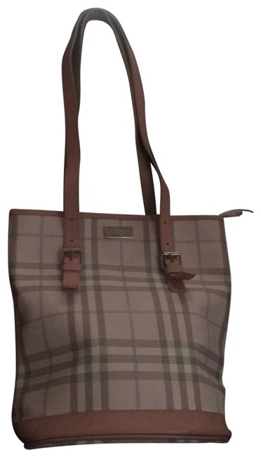 Burberry Medium Pink Plaid Treated Canvas with Leather Straps and Trims Tote