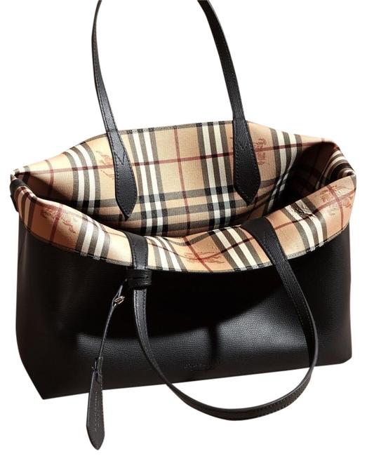 Burberry Medium Riversible Haymarket House Check Black Beidge Leather Tote