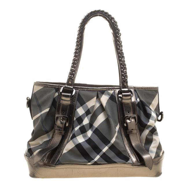 Burberry Metallic Beat Check Medium Lowry Grey Leather and Nylon Tote