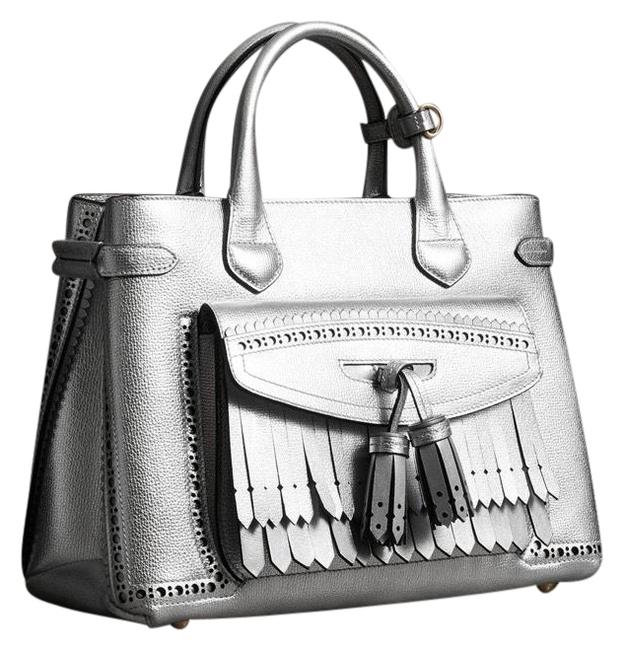 Burberry Metallic Brogues Banner Fringe Silver Leather Tote