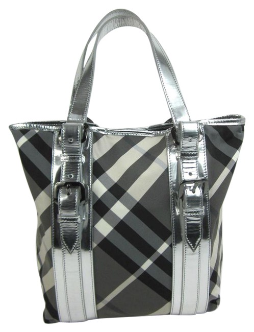 Burberry Metallic Nova CheckShoulder Silver Leather Tote