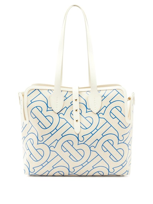 Burberry Mf Tb print Leather trimmed Cotton White Leather Tote