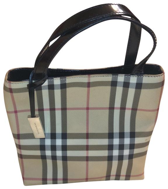 Burberry Mini Nova Check Cream Black Maroon Pvc and Leather Tote