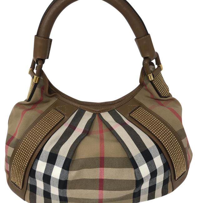 Burberry Monogram Studded Plaid Canvas and Leather Tote