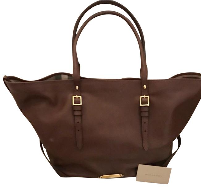 Burberry Napa Brown Cognac Leather Exterior Nova Check Fabric Interior Tote