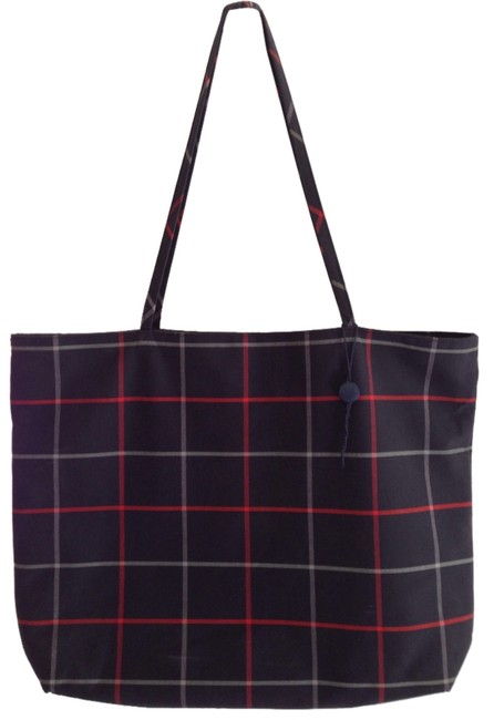 Burberry Navy Blue Plaid Red Grey Cotton Tote