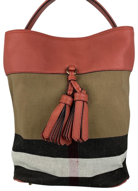 Burberry New Brit Grainy Ashby Check Tan and Pink Leather Canvas Tote