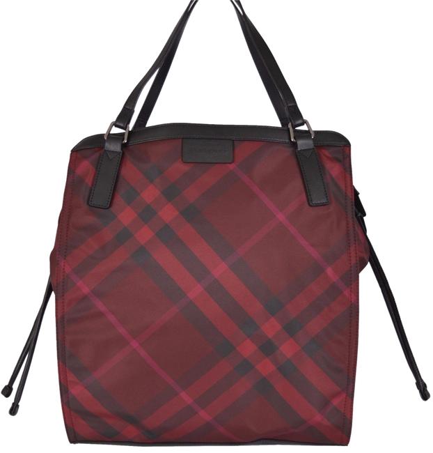 Burberry New Burgundy Nova Check Packable Purse Shopper Red Nylon Tote