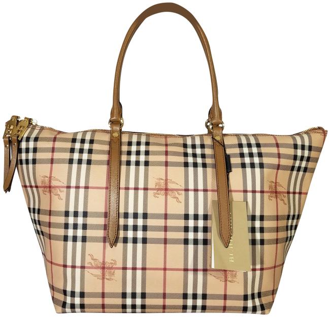 Burberry New Haymarket Medium Salisbury Mid Camel Coated Canvas Tote