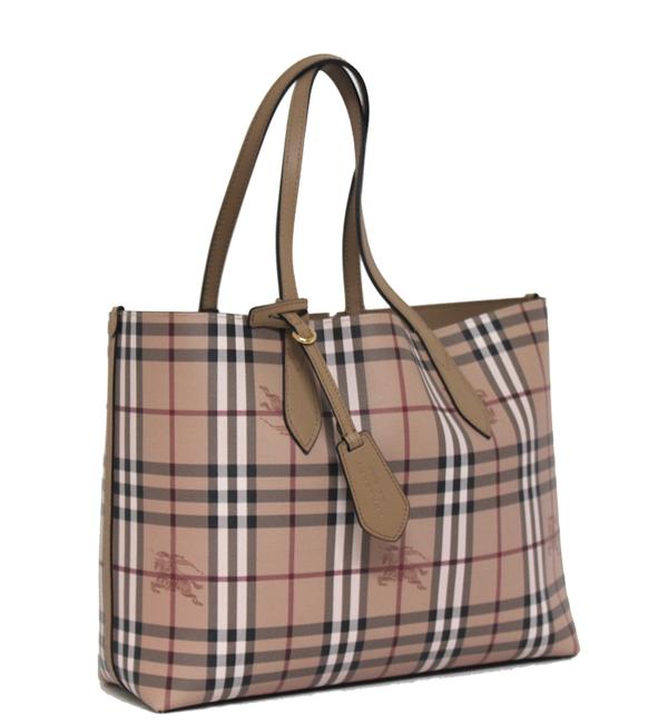 Burberry New Medium Reversible Haymarket CamelCheck LeatherPolyurethane Tote