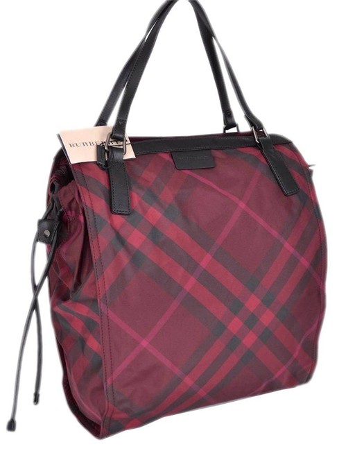 Burberry New Nova Check Packable Purse Shopper Burgundy Nylon Tote