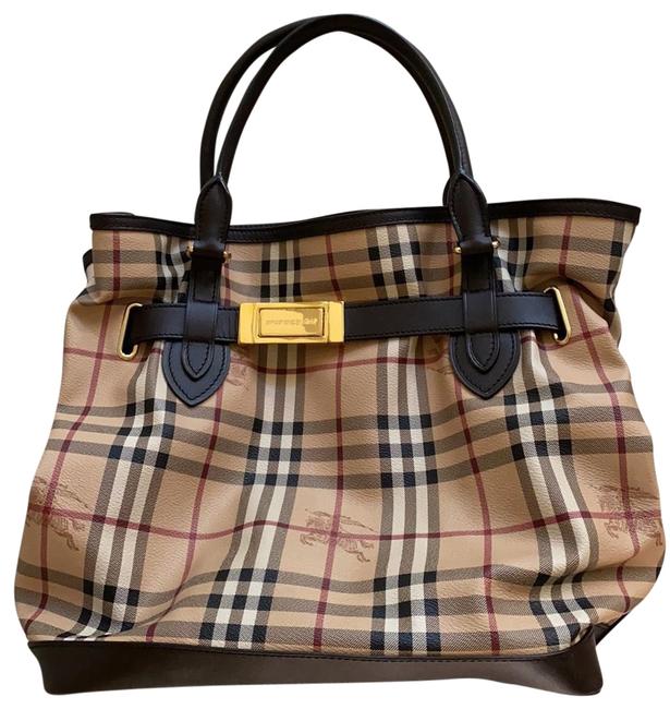 Burberry New Plaid Brown Leather Tote