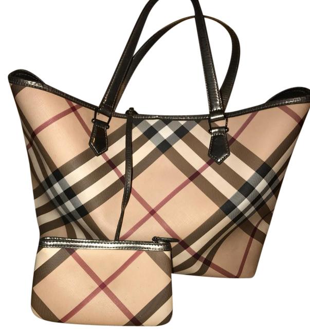 Burberry Nova Check Beige Gray Red Black Leather Tote