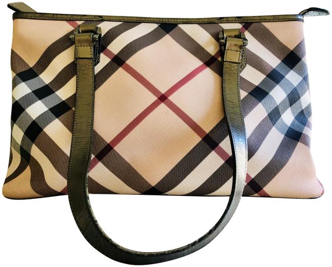 Burberry Nova Check Beige with Multi Color Stripes Canvas Leather Trim Tote