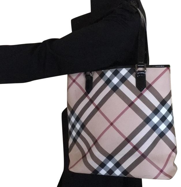 Burberry Nova Check Large BlackBeige Coated Canvas and Patent Leather Tote