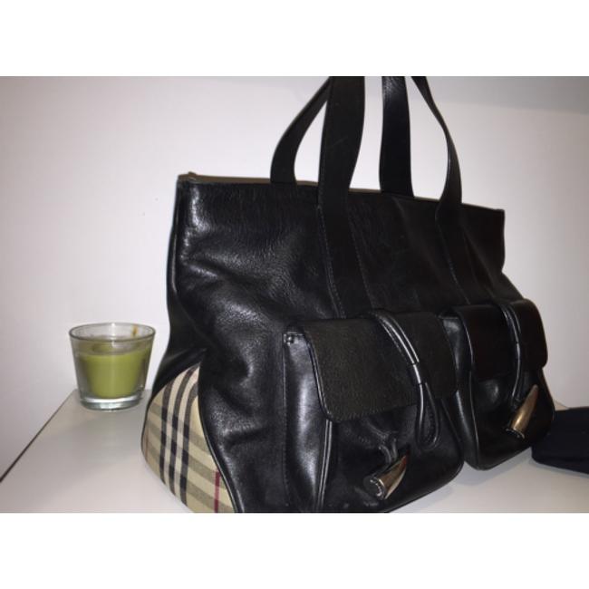 Burberry Nova Check Plaid Black Leather Tote
