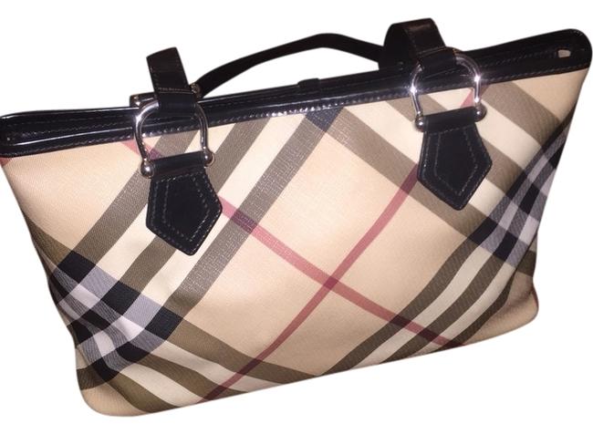 Burberry Nova Check Plaid Black Patent Leather Canvas Tote