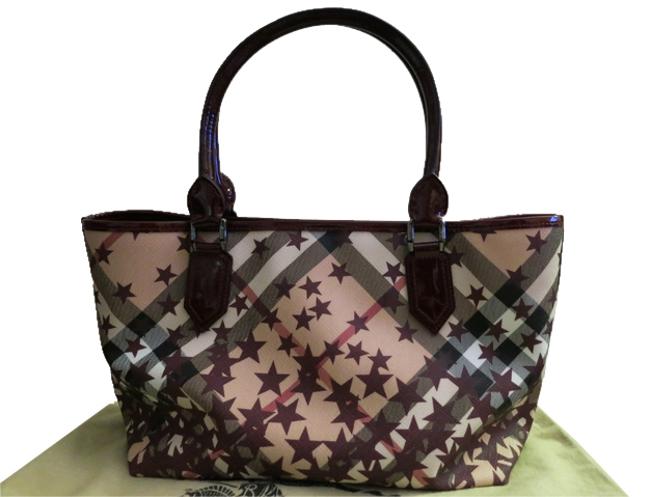 Burberry Nova Check Small Nickie Stars Berry Red Patent Leather Tote