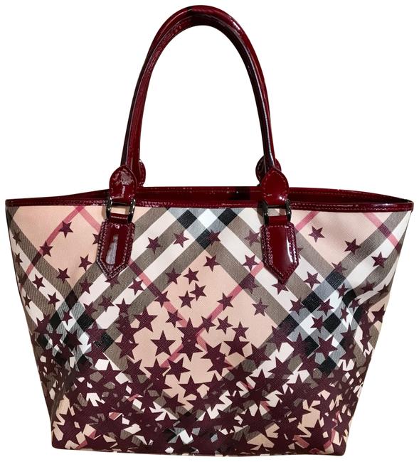 Burberry Nova Stars Printed Burgundy ~ Beige Coated Canvas Patent Leather Tote