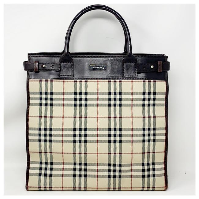 Burberry Novo Check Brown Cream Canvas Leather Tote