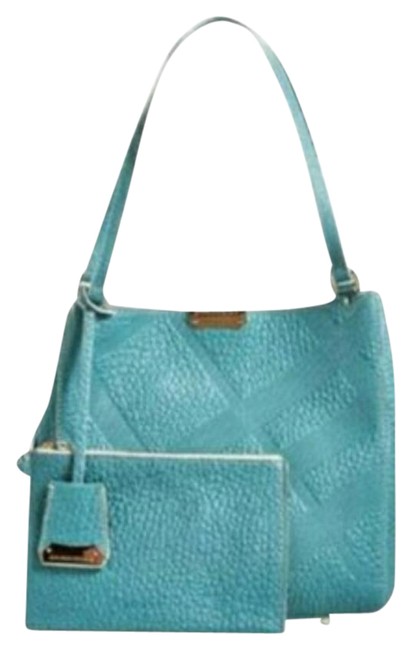 Burberry Nwts Canterberry Grain Check Aqua Green Tiffany Blue Leather Tote
