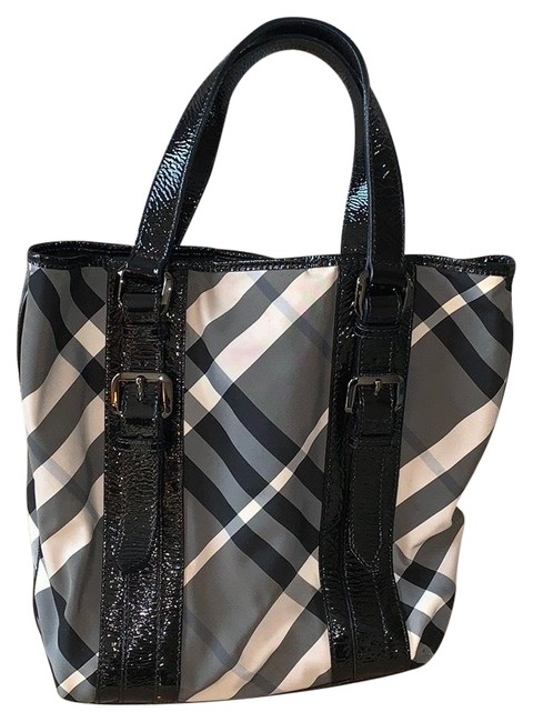 Burberry Nylon Gray and Black Leather Tote