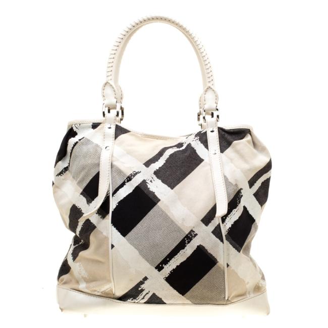 Burberry Off WhiteBeige Mega Nova Beige Fabric and Leather Tote