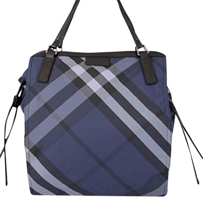 Burberry Packable Nylon Check Small Blue Navy Tote